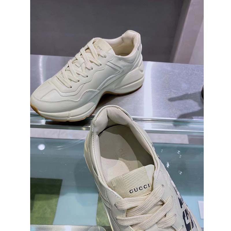 Gucci Unisex GG Rhyton Sneaker ’25’ Ivory Demetra Rubber Sole 5 Cm Heel