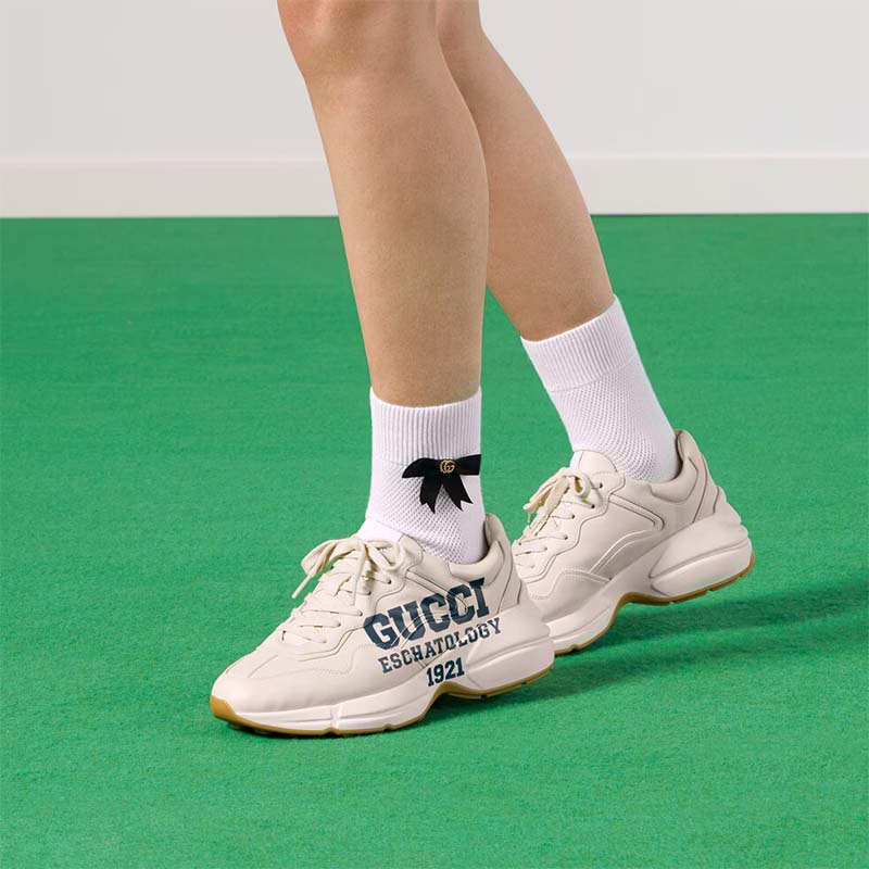 Gucci Unisex GG Rhyton Sneaker ’25’ Ivory Demetra Rubber Sole 5 Cm Heel