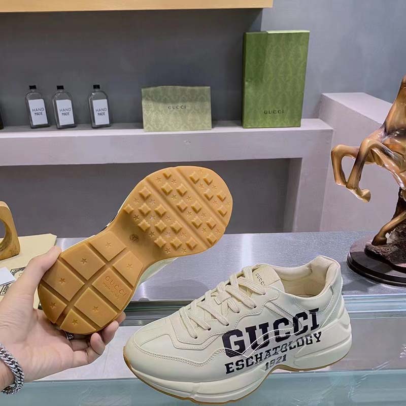 Gucci Unisex GG Rhyton Sneaker ’25’ Ivory Demetra Rubber Sole 5 Cm Heel