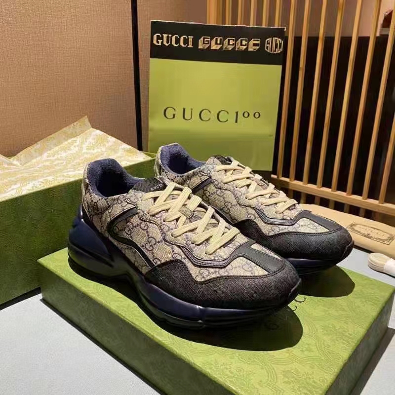 Gucci Unisex GG Rhyton Sneaker Beige Blue GG Supreme Canvas 5 Cm Heel
