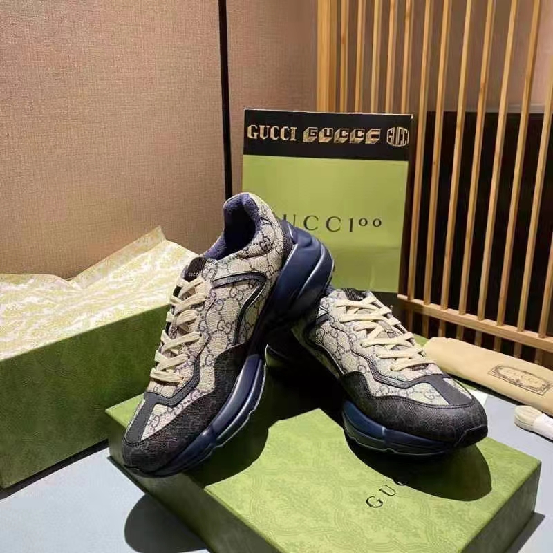 Gucci Unisex GG Rhyton Sneaker Beige Blue GG Supreme Canvas 5 Cm Heel