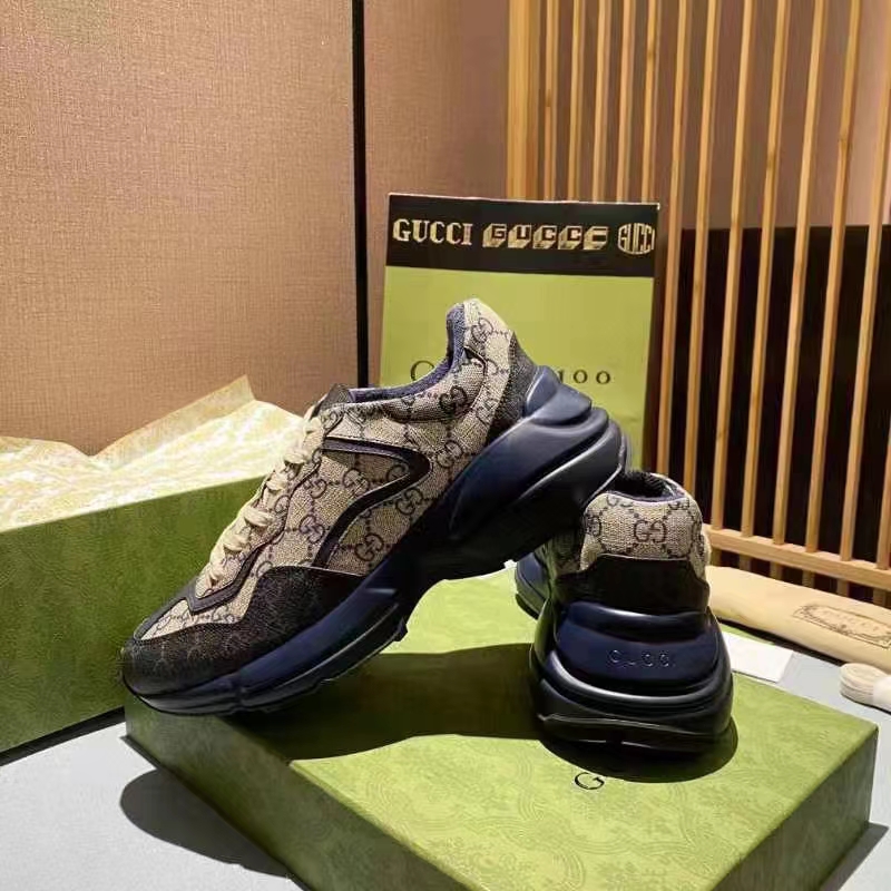 Gucci Unisex GG Rhyton Sneaker Beige Blue GG Supreme Canvas 5 Cm Heel