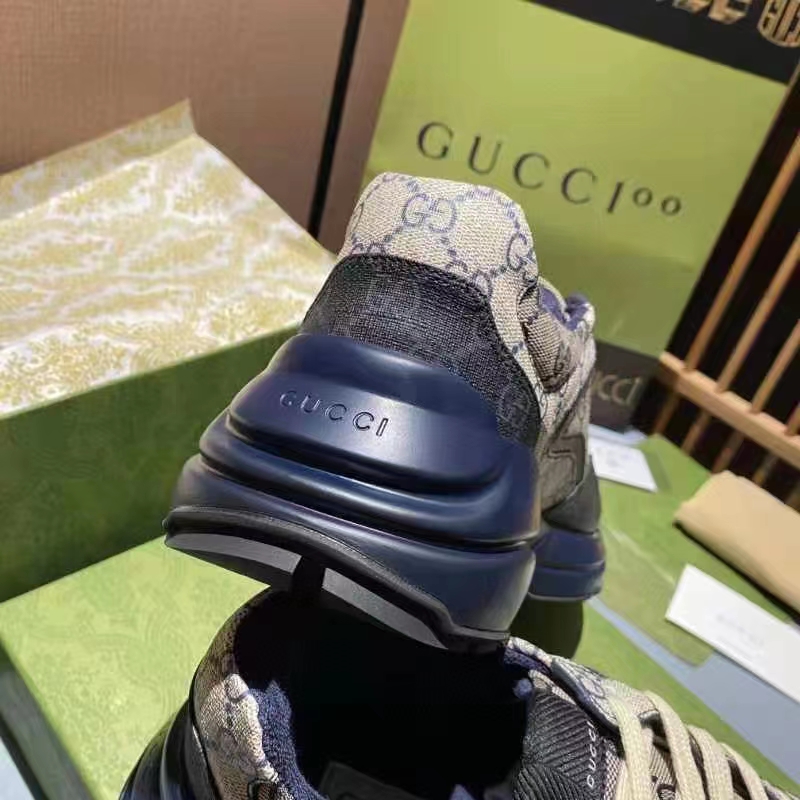 Gucci Unisex GG Rhyton Sneaker Beige Blue GG Supreme Canvas 5 Cm Heel