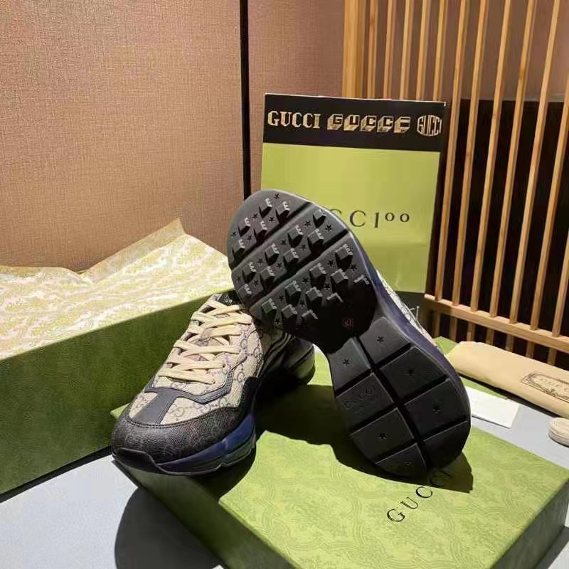 Gucci Unisex GG Rhyton Sneaker Beige Blue GG Supreme Canvas 5 Cm Heel