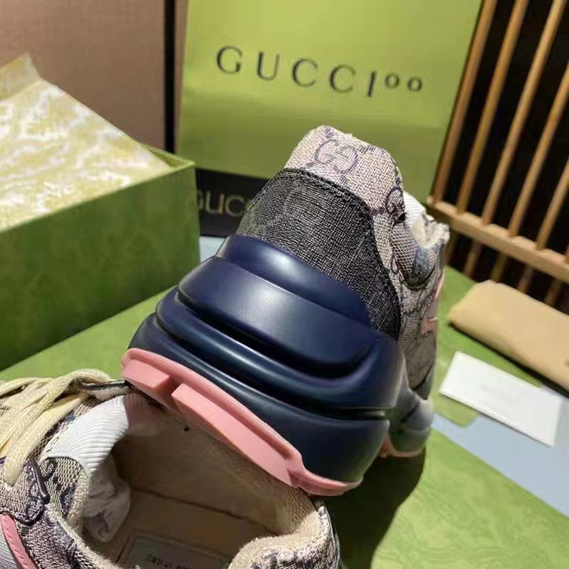 Gucci Unisex GG Rhyton Sneaker Beige Blue GG Supreme Canvas Low Heel