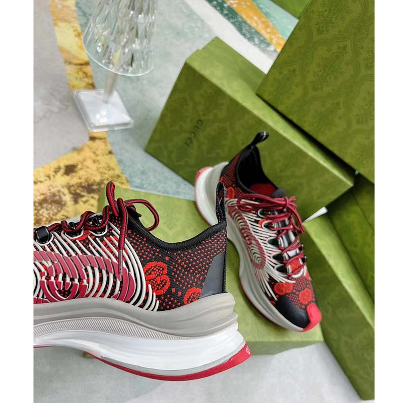 Gucci Unisex GG Run Sneaker Black Red Technical Knit Fabric Rubber Interlocking G