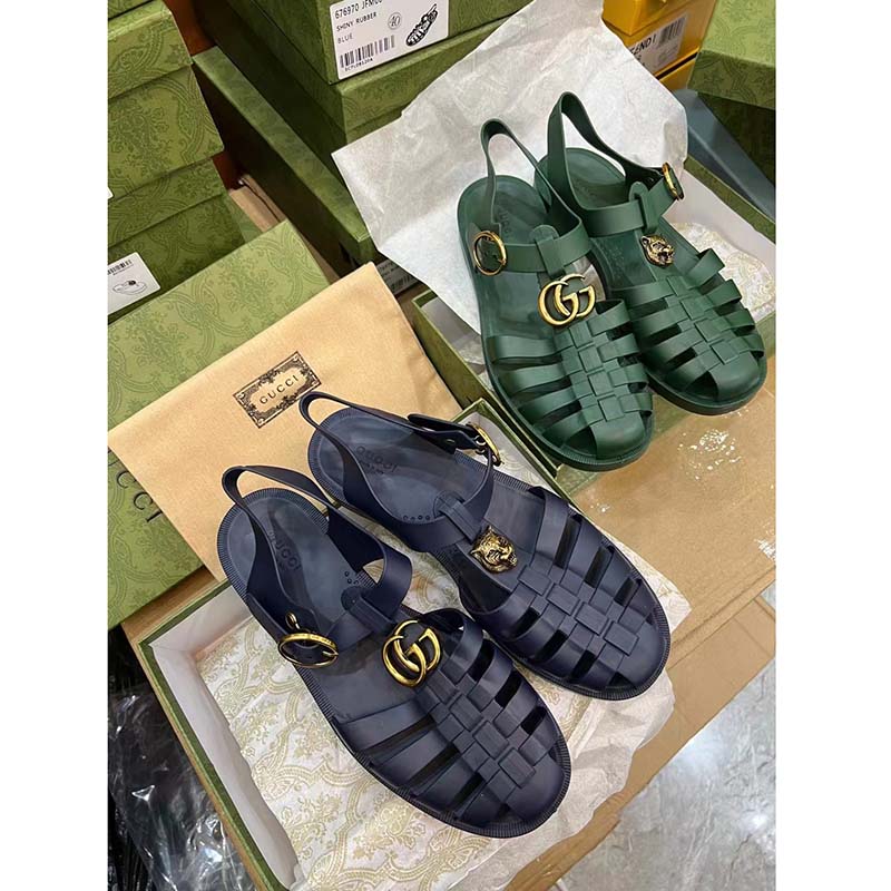 Gucci Unisex GG Sandal Double G Transparent Emerald Green Rubber Flat