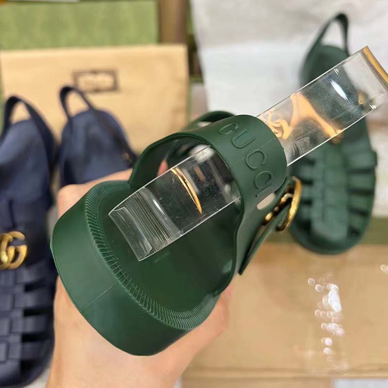 Gucci Unisex GG Sandal Double G Transparent Emerald Green Rubber Flat
