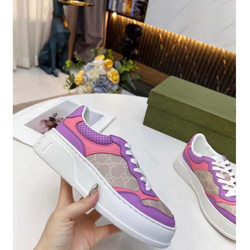 Gucci Unisex GG Sneaker Pink Purple Beige Supreme Canvas Grey Perforated Leather