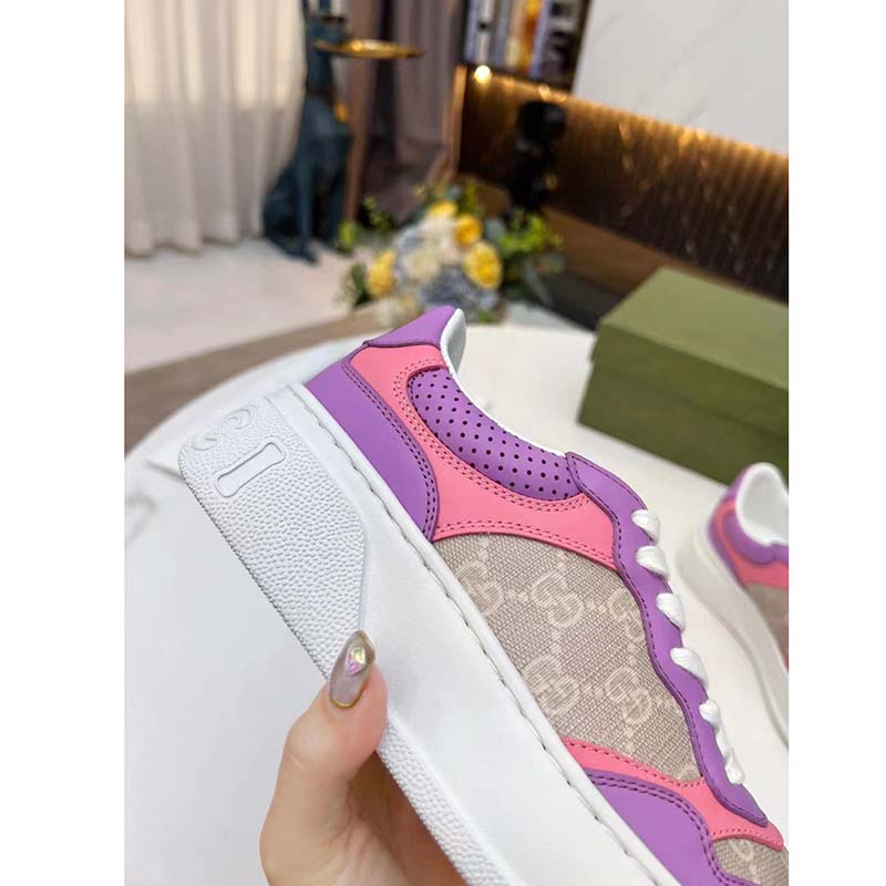 Gucci Unisex GG Sneaker Pink Purple Beige Supreme Canvas Grey Perforated Leather