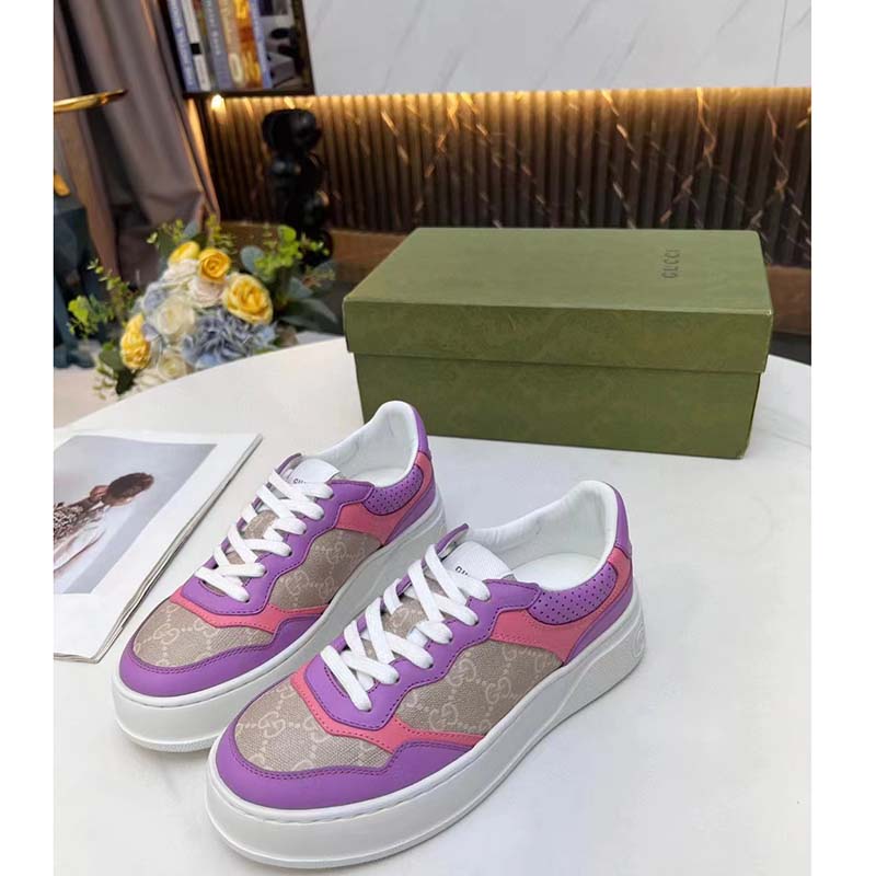 Gucci Unisex GG Sneaker Pink Purple Beige Supreme Canvas Grey Perforated Leather