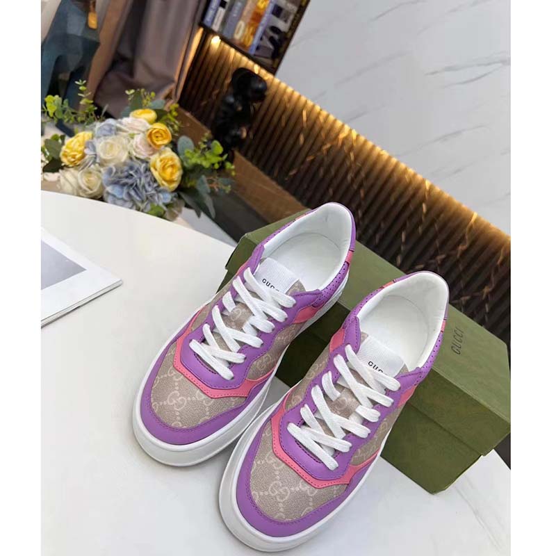 Gucci Unisex GG Sneaker Pink Purple Beige Supreme Canvas Grey Perforated Leather