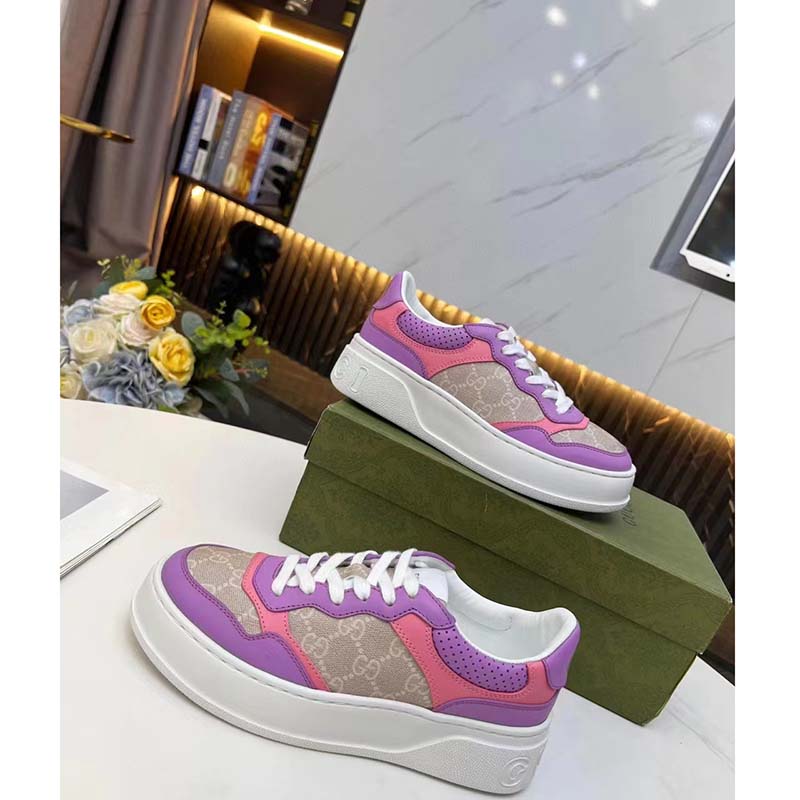 Gucci Unisex GG Sneaker Pink Purple Beige Supreme Canvas Grey Perforated Leather