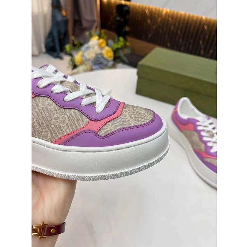 Gucci Unisex GG Sneaker Pink Purple Beige Supreme Canvas Grey Perforated Leather