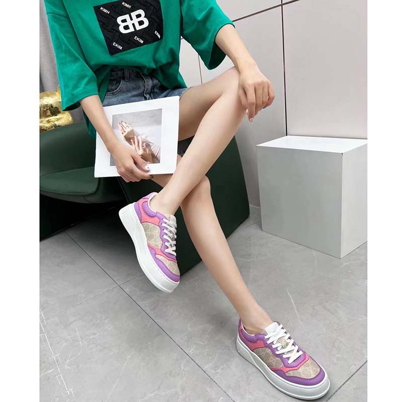 Gucci Unisex GG Sneaker Pink Purple Beige Supreme Canvas Grey Perforated Leather
