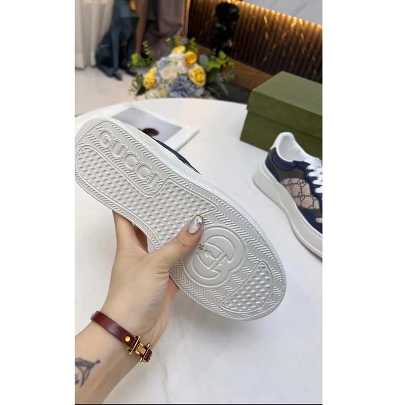 Gucci Unisex GG Sneaker White Beige Blue Supreme Canvas Grey Perforated Leather