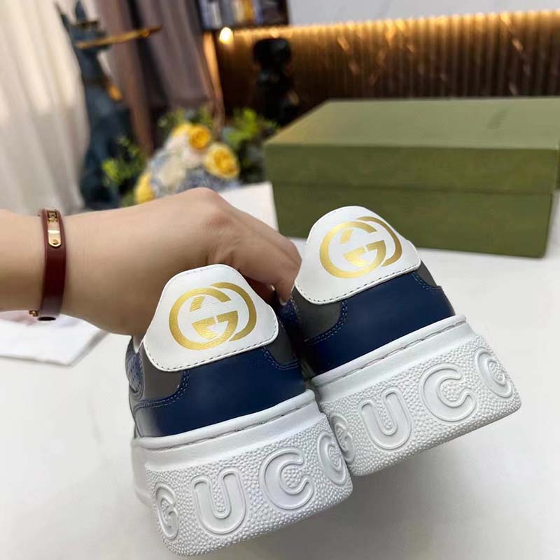 Gucci Unisex GG Sneaker White Beige Blue Supreme Canvas Grey Perforated Leather
