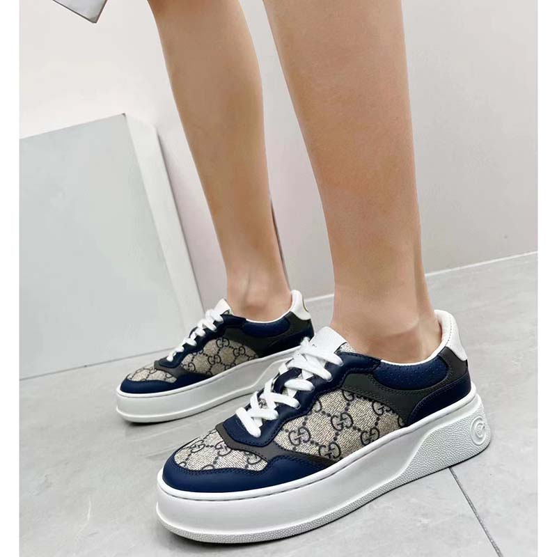Gucci Unisex GG Sneaker White Beige Blue Supreme Canvas Grey Perforated Leather