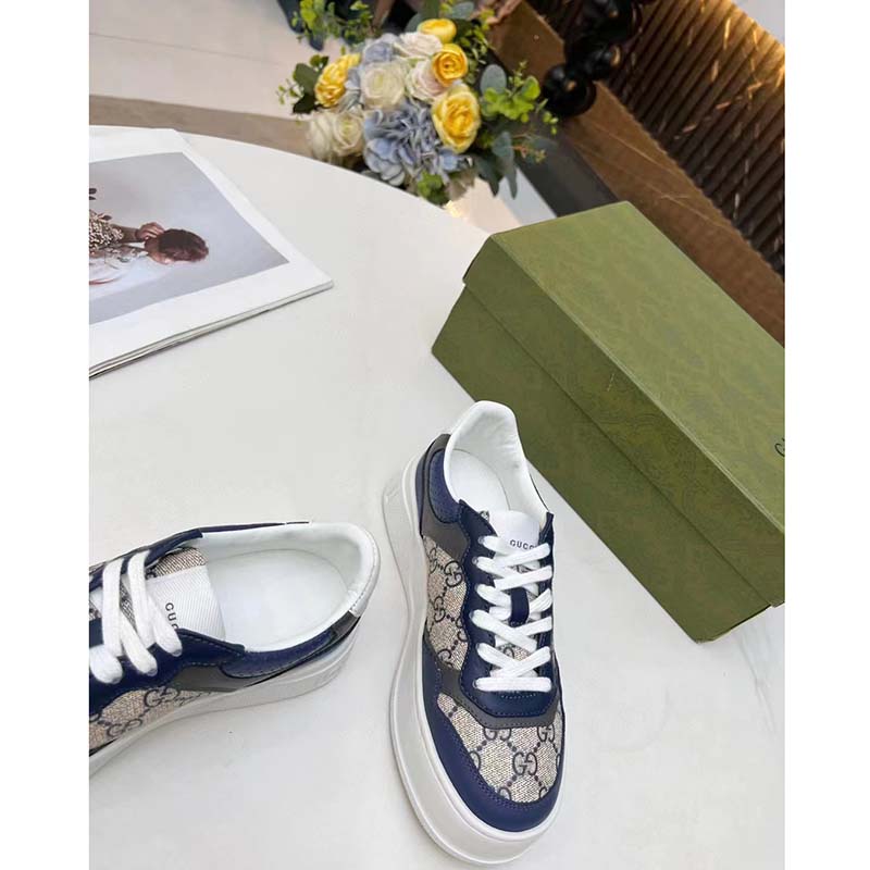 Gucci Unisex GG Sneaker White Beige Blue Supreme Canvas Grey Perforated Leather