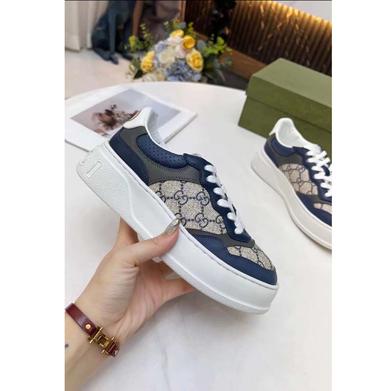 Gucci Unisex GG Sneaker White Beige Blue Supreme Canvas Grey Perforated Leather