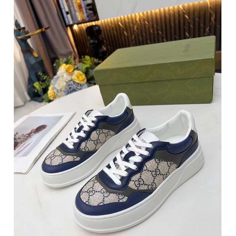 Gucci Unisex GG Sneaker White Beige Blue Supreme Canvas Grey Perforated Leather