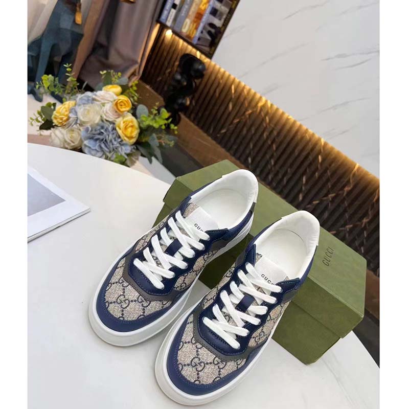 Gucci Unisex GG Sneaker White Beige Blue Supreme Canvas Grey Perforated Leather