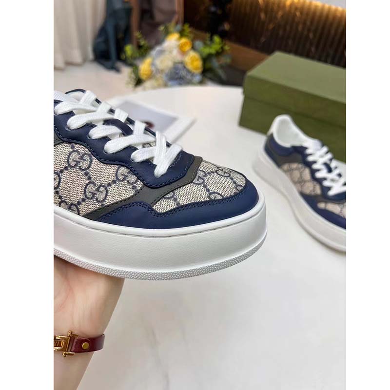 Gucci Unisex GG Sneaker White Beige Blue Supreme Canvas Grey Perforated Leather
