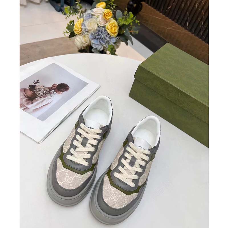 Gucci Unisex GG Sneaker White Beige GG Supreme Canvas Grey Perforated Leather