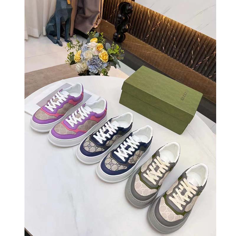 Gucci Unisex GG Sneaker Pink Purple Beige Supreme Canvas Grey Perforated Leather