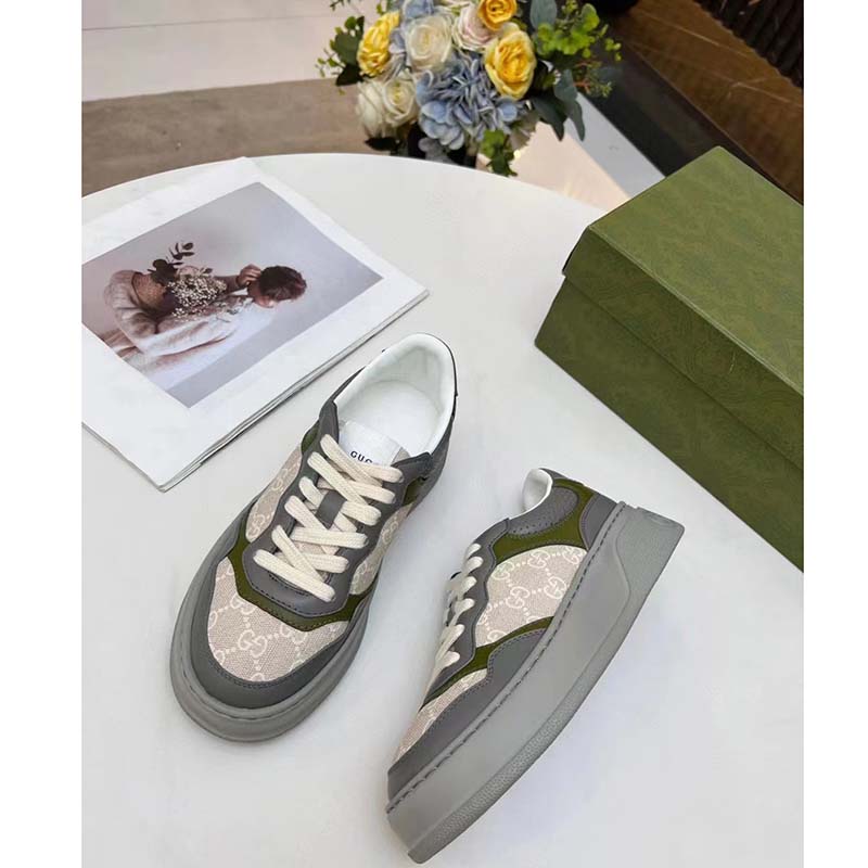 Gucci Unisex GG Sneaker White Beige GG Supreme Canvas Grey Perforated Leather