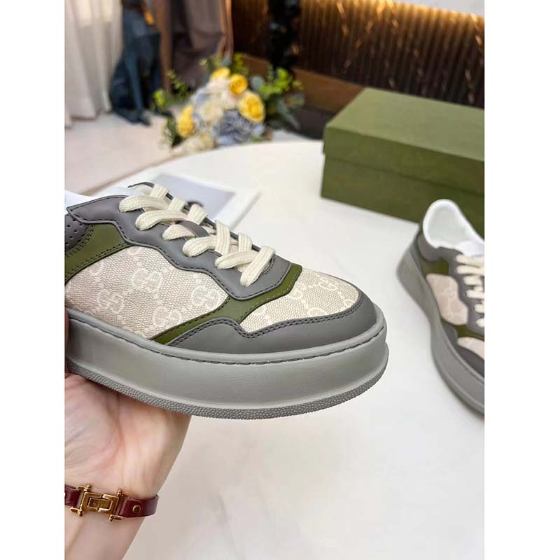 Gucci Unisex GG Sneaker White Beige GG Supreme Canvas Grey Perforated Leather