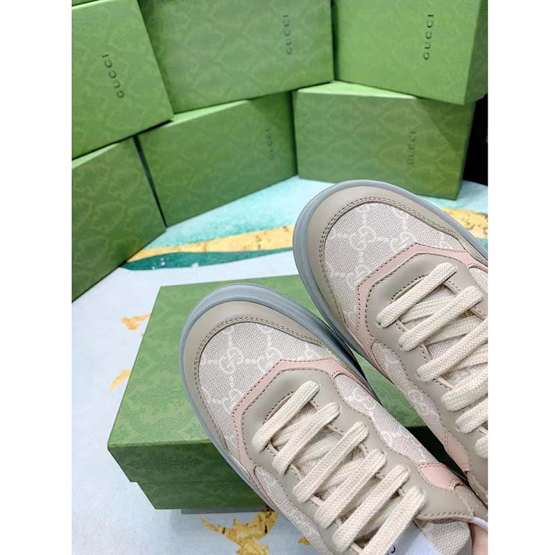 Gucci Unisex GG Sneaker White Beige Supreme Canvas Grey Perforated Leather
