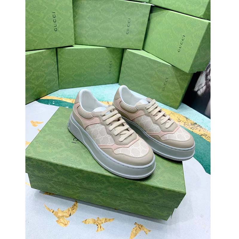Gucci Unisex GG Sneaker White Beige Supreme Canvas Grey Perforated Leather