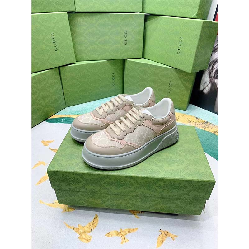 Gucci Unisex GG Sneaker White Beige Supreme Canvas Grey Perforated Leather