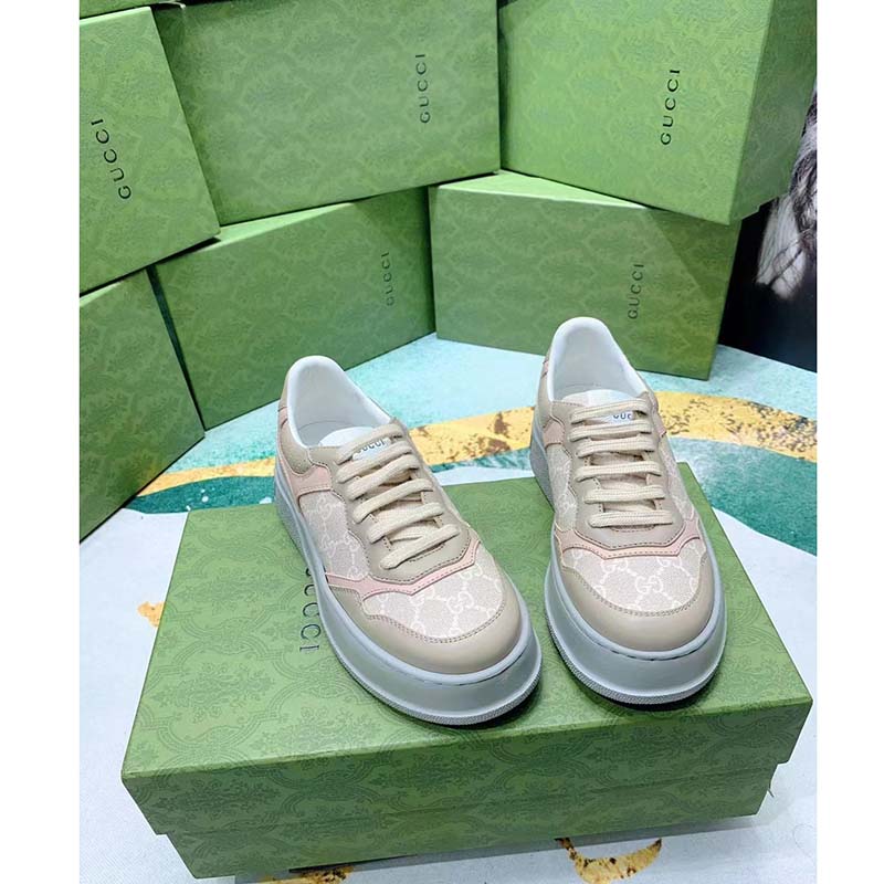Gucci Unisex GG Sneaker White Beige Supreme Canvas Grey Perforated Leather