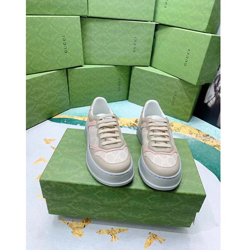 Gucci Unisex GG Sneaker White Beige Supreme Canvas Grey Perforated Leather