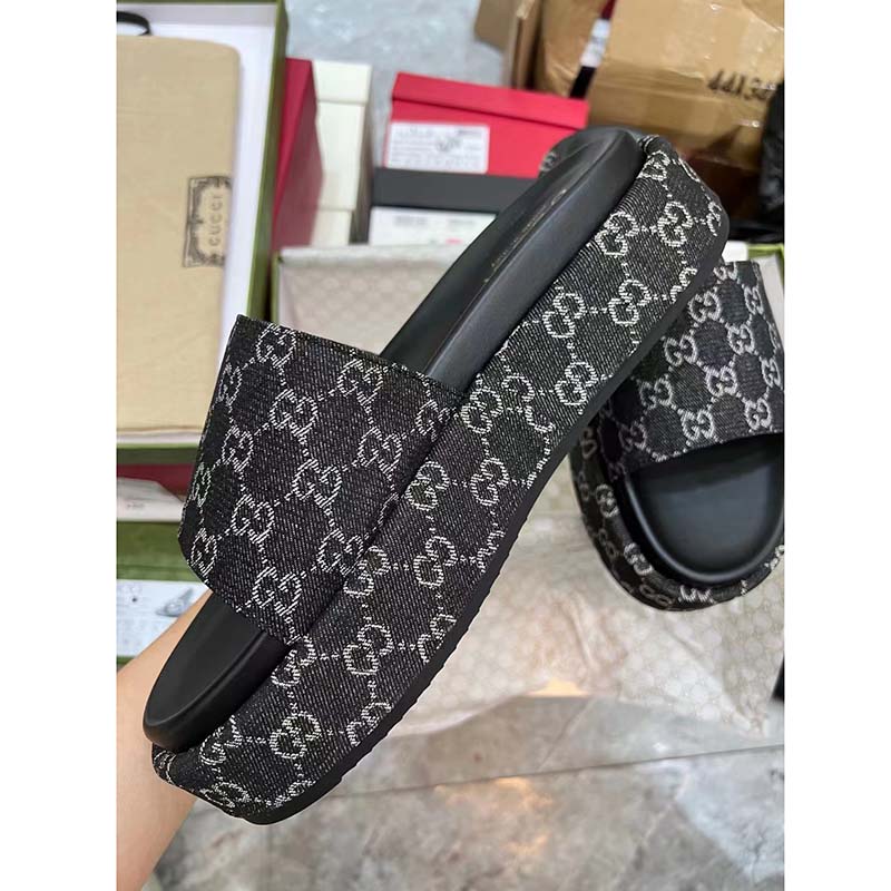 Gucci Unisex Platform Slide Sandal Black Ivory GG Denim Mid 6 Cm Heel