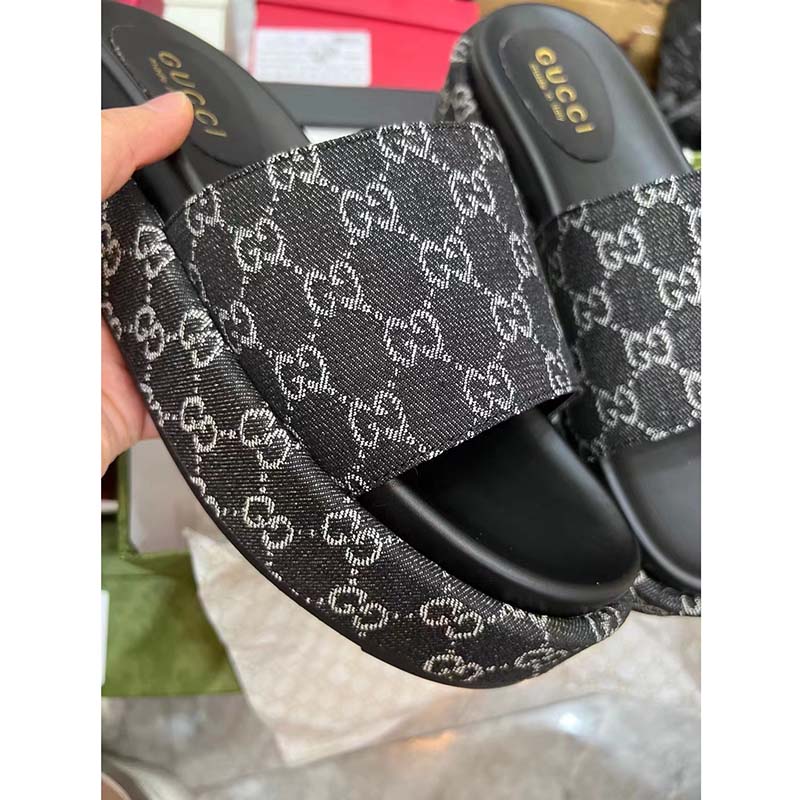 Gucci Unisex Platform Slide Sandal Black Ivory GG Denim Mid 6 Cm Heel