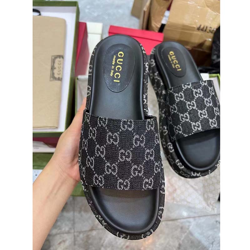 Gucci Unisex Platform Slide Sandal Black Ivory GG Denim Mid 6 Cm Heel