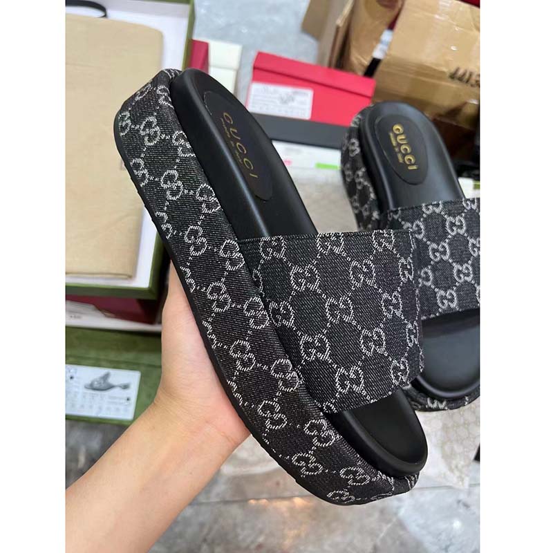 Gucci Unisex Platform Slide Sandal Black Ivory GG Denim Mid 6 Cm Heel