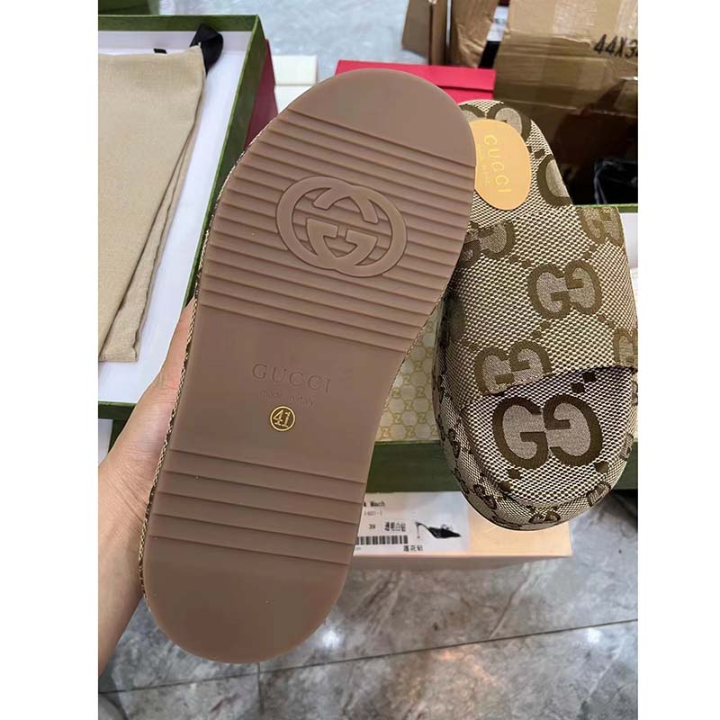 Gucci Unisex Platform Slide Sandal Camel Ebony Maxi GG Canvas 6 Cm Heel