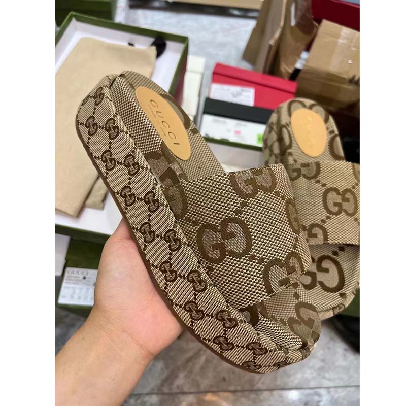Gucci Unisex Platform Slide Sandal Camel Ebony Maxi GG Canvas 6 Cm Heel