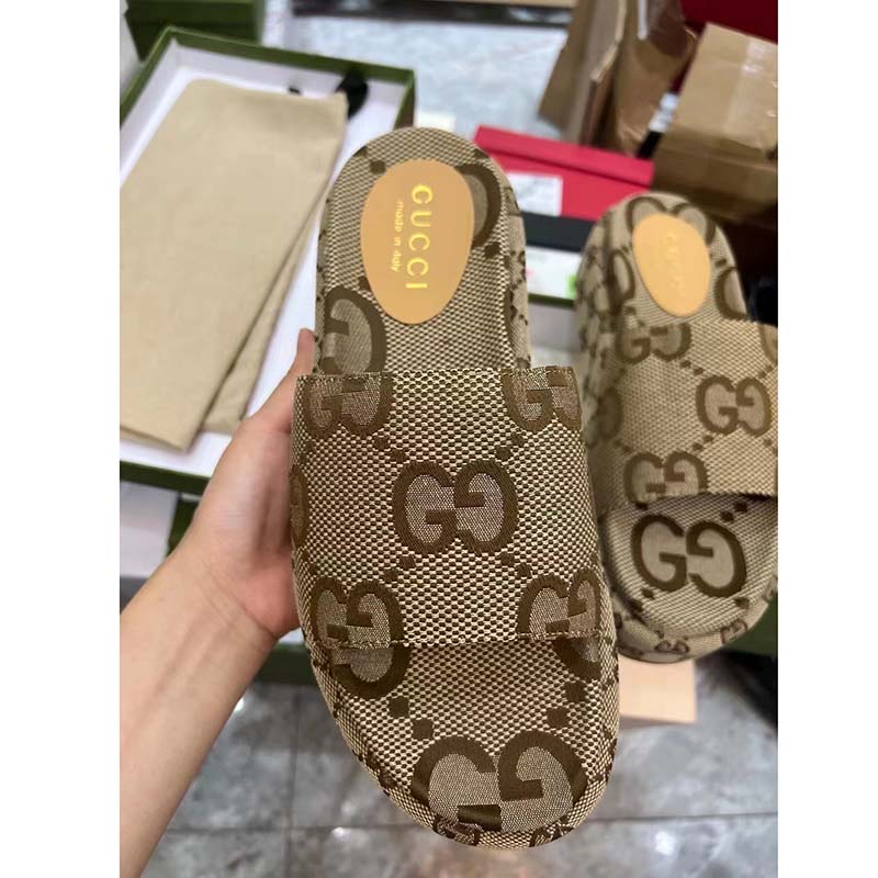 Gucci Unisex Platform Slide Sandal Camel Ebony Maxi GG Canvas 6 Cm Heel