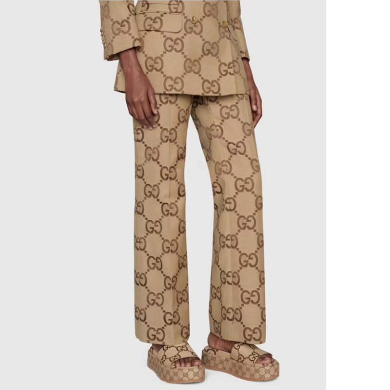 Gucci Unisex Platform Slide Sandal Camel Ebony Maxi GG Canvas 6 Cm Heel