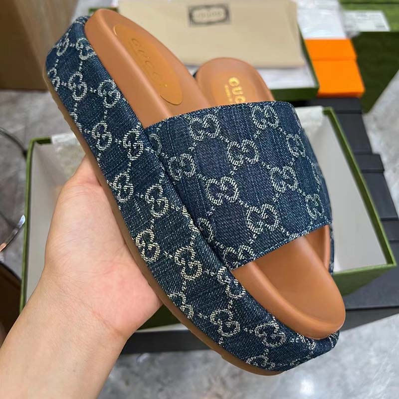 Gucci Unisex Platform Slide Sandal Dark Blue Ivory Eco Washed Organic GG Jacquard Denim