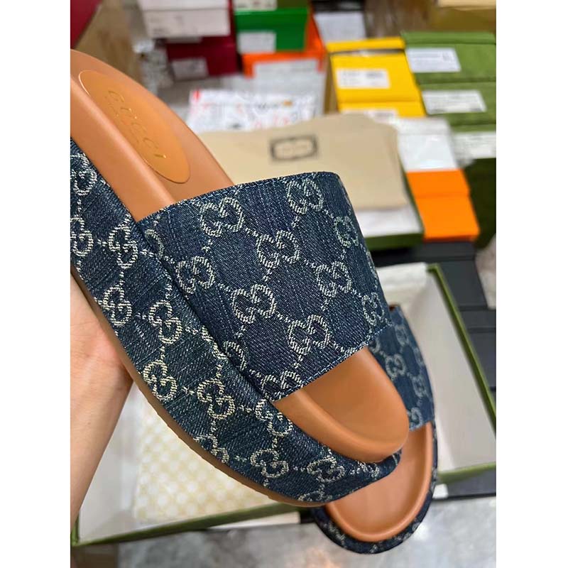 Gucci Unisex Platform Slide Sandal Dark Blue Ivory Eco Washed Organic GG Jacquard Denim