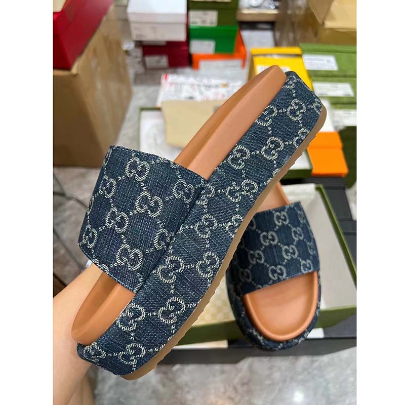 Gucci Unisex Platform Slide Sandal Dark Blue Ivory Eco Washed Organic GG Jacquard Denim