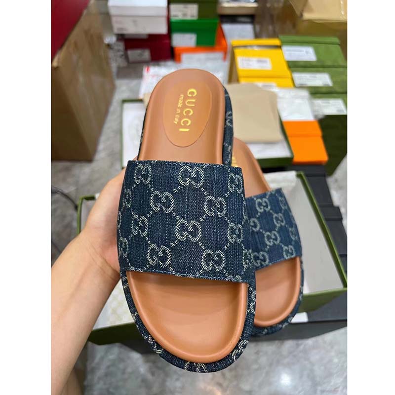 Gucci Unisex Platform Slide Sandal Dark Blue Ivory Eco Washed Organic GG Jacquard Denim
