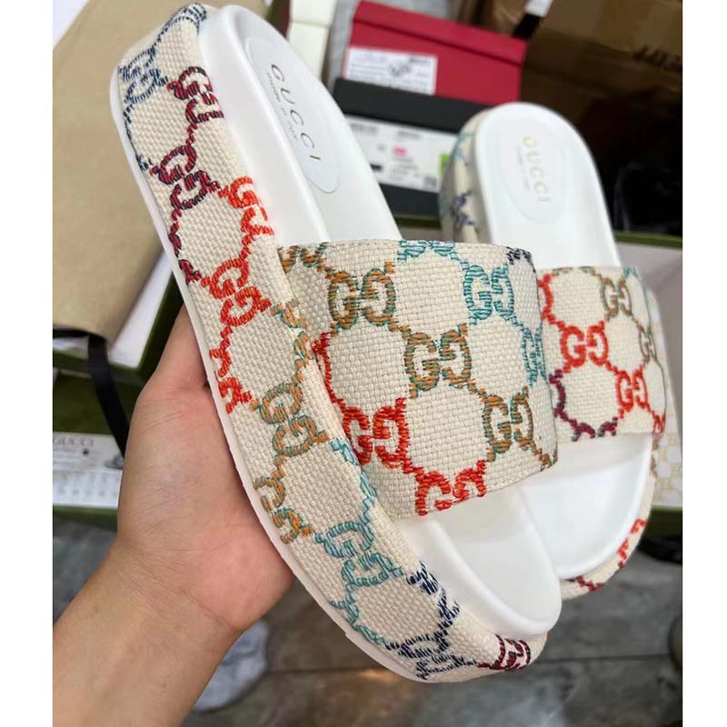 Gucci Unisex Platform Slide Sandal Multicolor GG Linen Fabric Mid 6 Cm Heel