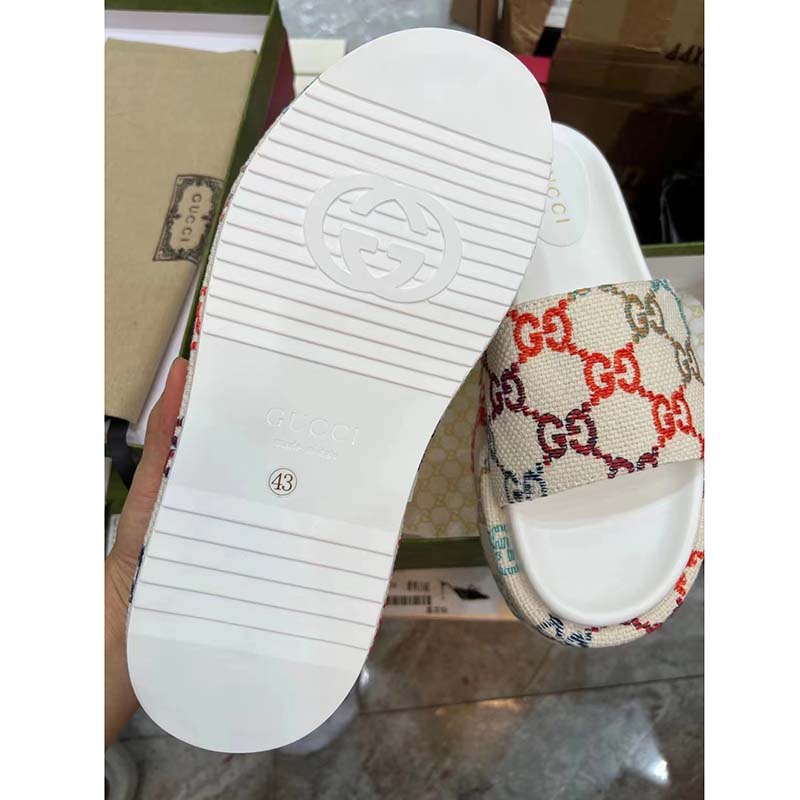 Gucci Unisex Platform Slide Sandal Multicolor GG Linen Fabric Mid 6 Cm Heel